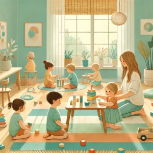 Niños de 3 a 4 años participando en un taller grupal de habilidades sociales a través del juego guiado en un entorno terapéutico infantil