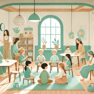 Niños de 5 a 8 años participando en un taller grupal de habilidades sociales y emocionales mediante actividades lúdicas guiadas