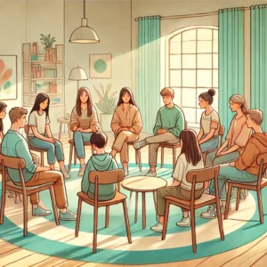 Adolescentes de 9 a 13 años participando en un taller grupal terapéutico enfocado en identidad, autoestima y habilidades sociales