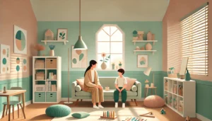 Ilustración cálida de una sesión de terapia infantil con adolescente, niño y terapeuta en un espacio acogedor.