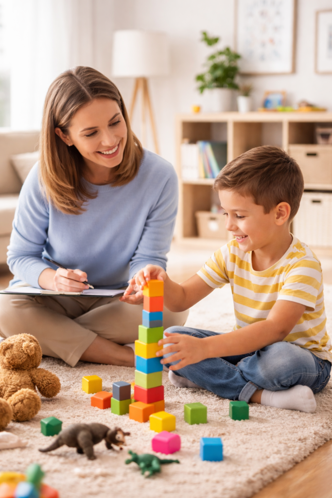Niño jugando con bloques junto a su terapeuta durante una primera sesión de terapia psicológica