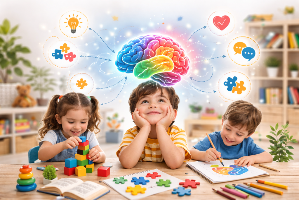 Niños realizando actividades de aprendizaje con representación visual del desarrollo del cerebro infantil y conexiones neuronales.